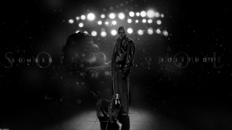 Man with Dog in Dark Room — Black