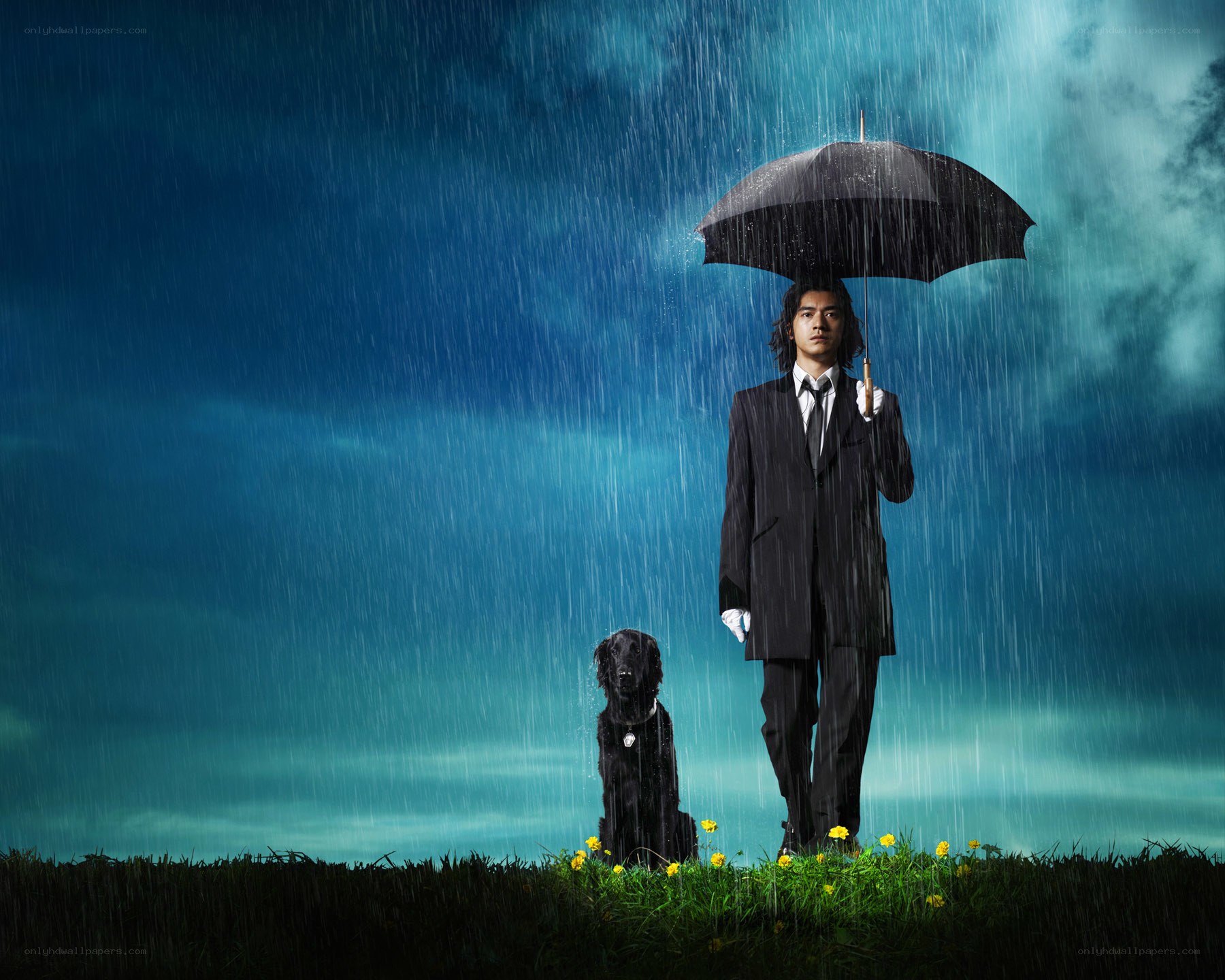 Man with dog in the rain