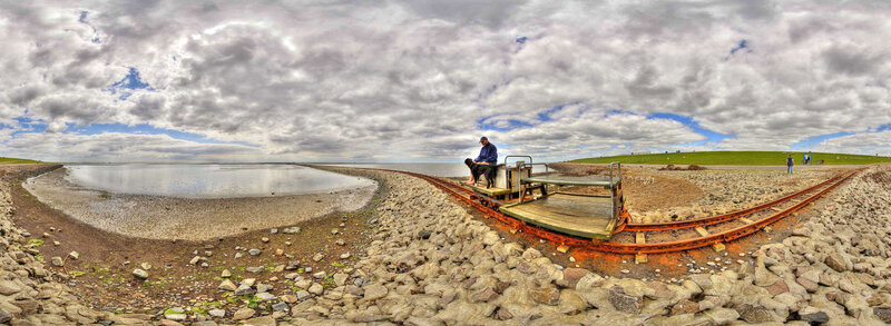 Man with dog on a rail cart