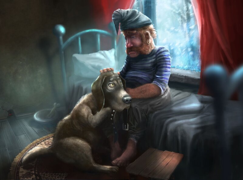 Man with Dog on Bed — Blue