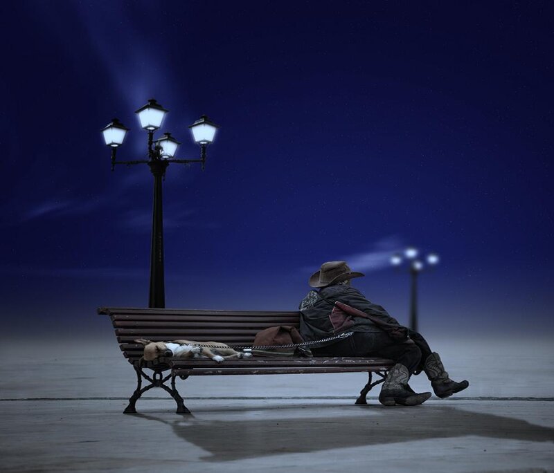 Man with Dog on Bench — Blue