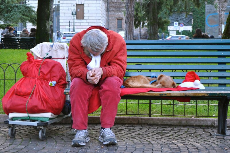 Man with Dog on Bench — Red