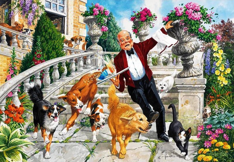 Man with Dogs and Cat