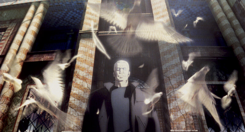 Man with doves in a tiled hall