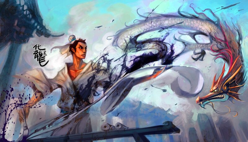 Man with Dragon — Blue, Dramatic