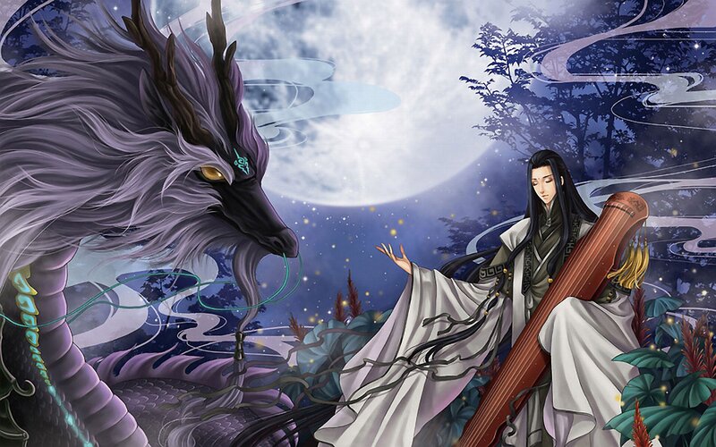 man with dragon under moonlight