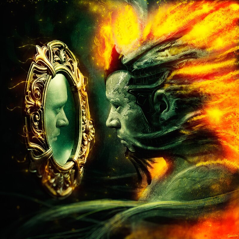 man with fiery head and mirror