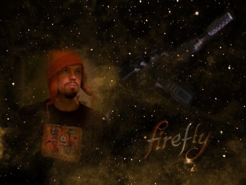 man with firearm in space
