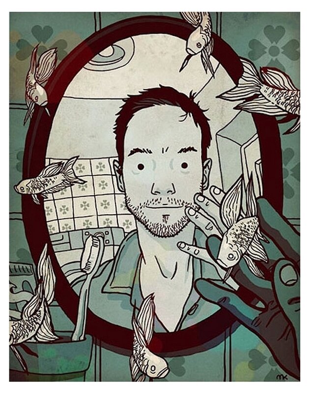 man with fish in bathroom