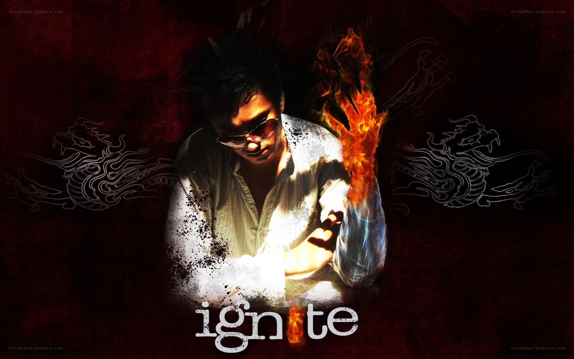 man with flaming hand