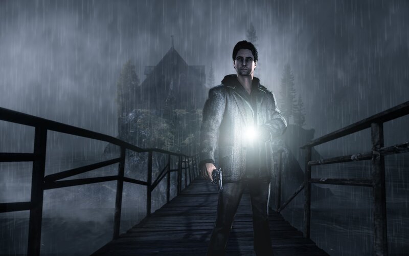 man with flashlight on bridge
