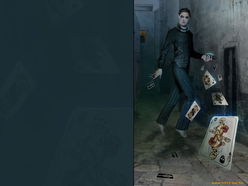 man with floating cards