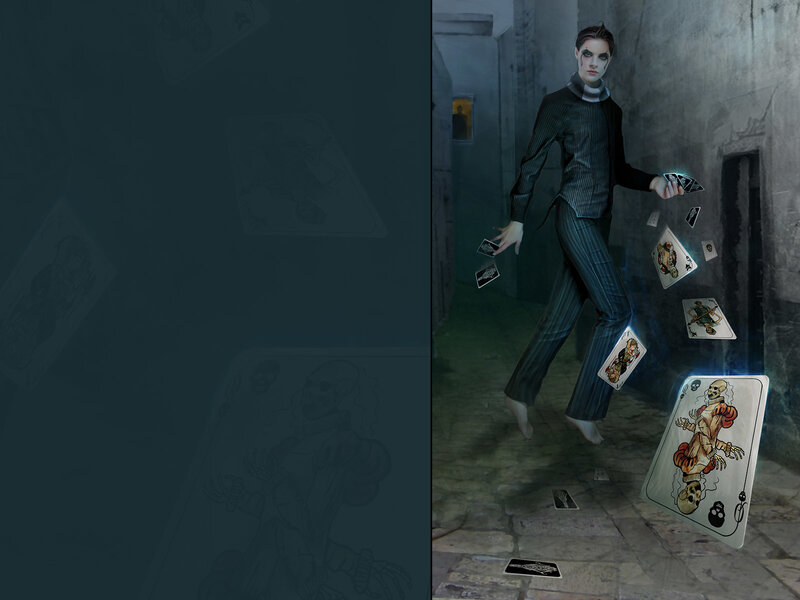 man with floating cards