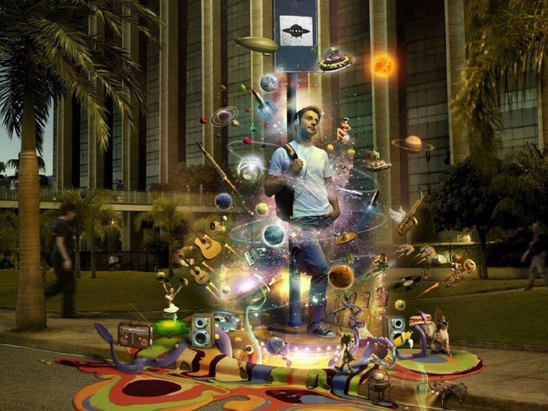 man with floating objects