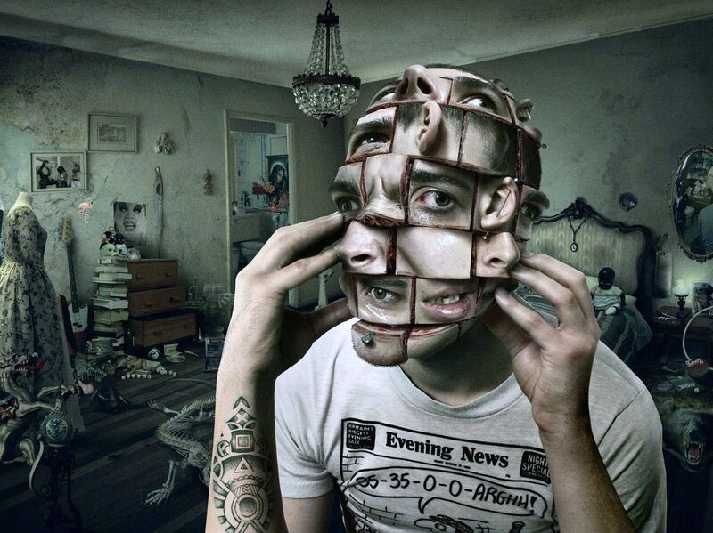 Man with Fragmented Face — Gray, Disturbing