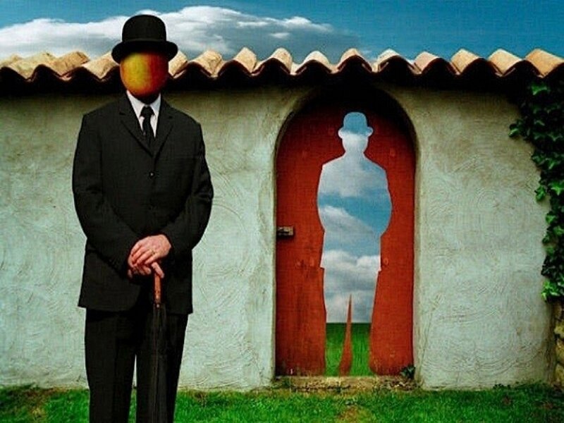 man with fruit head and red door