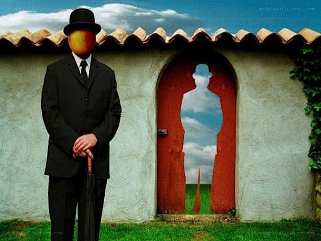 man with fruit head and red door