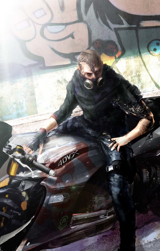 Man with Gas Mask on Bike
