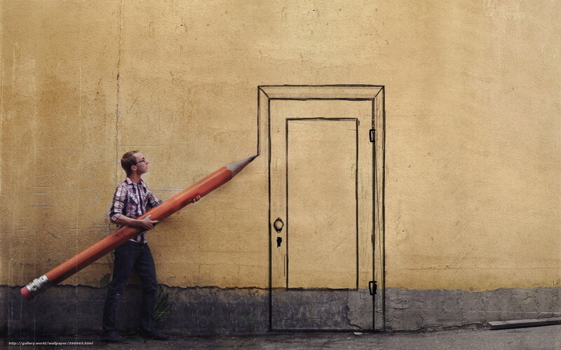man with giant pencil drawing door