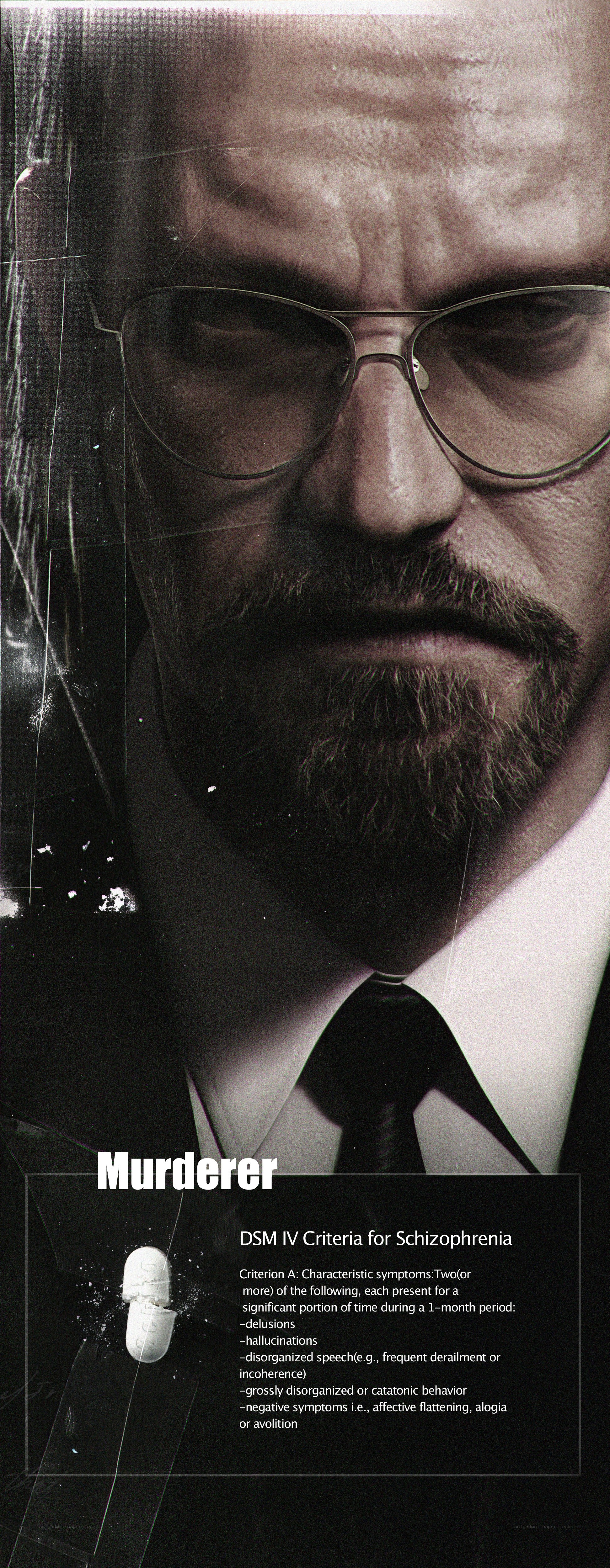 Man with glasses and a murderer label