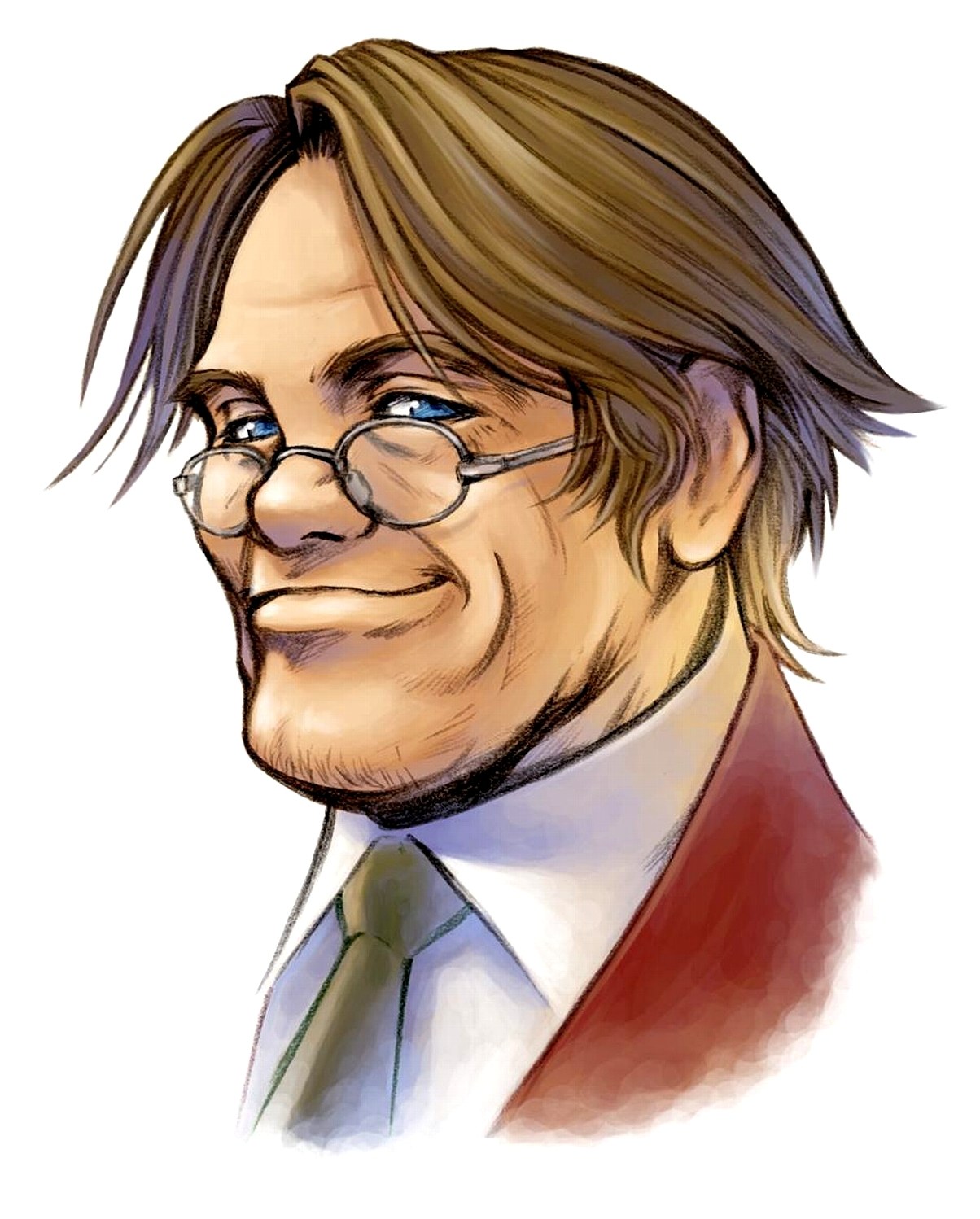 man with glasses and red jacket