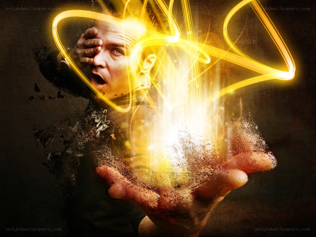 man with glowing energy in hand