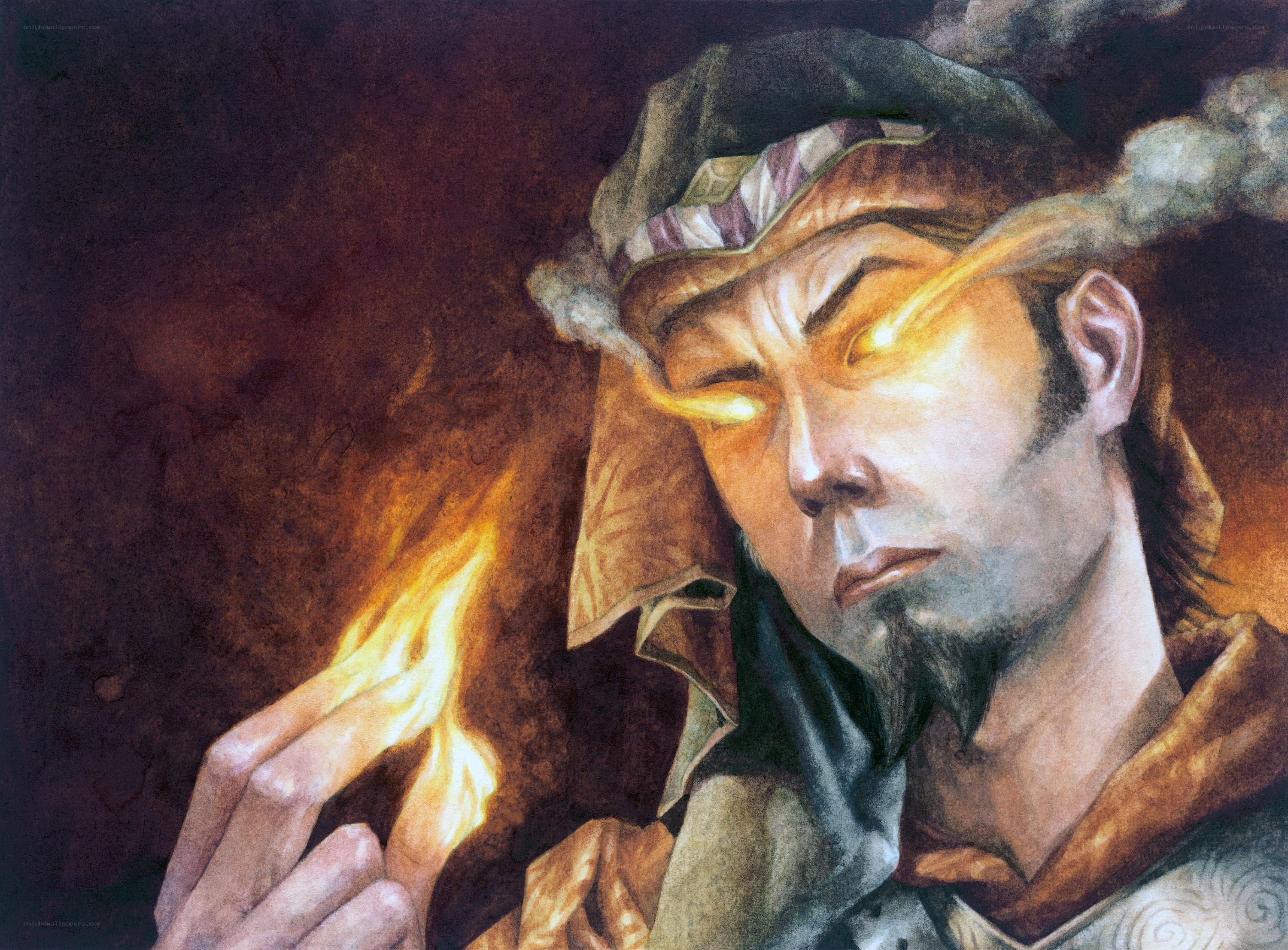 man with glowing eyes and fire