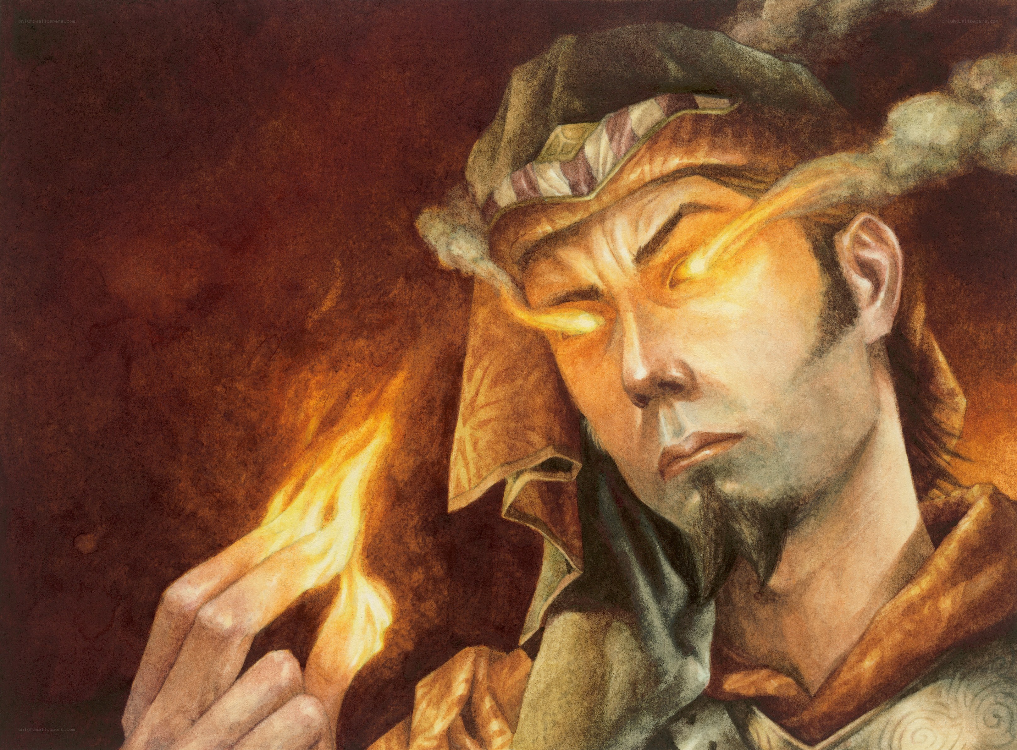 man with glowing eyes and fire