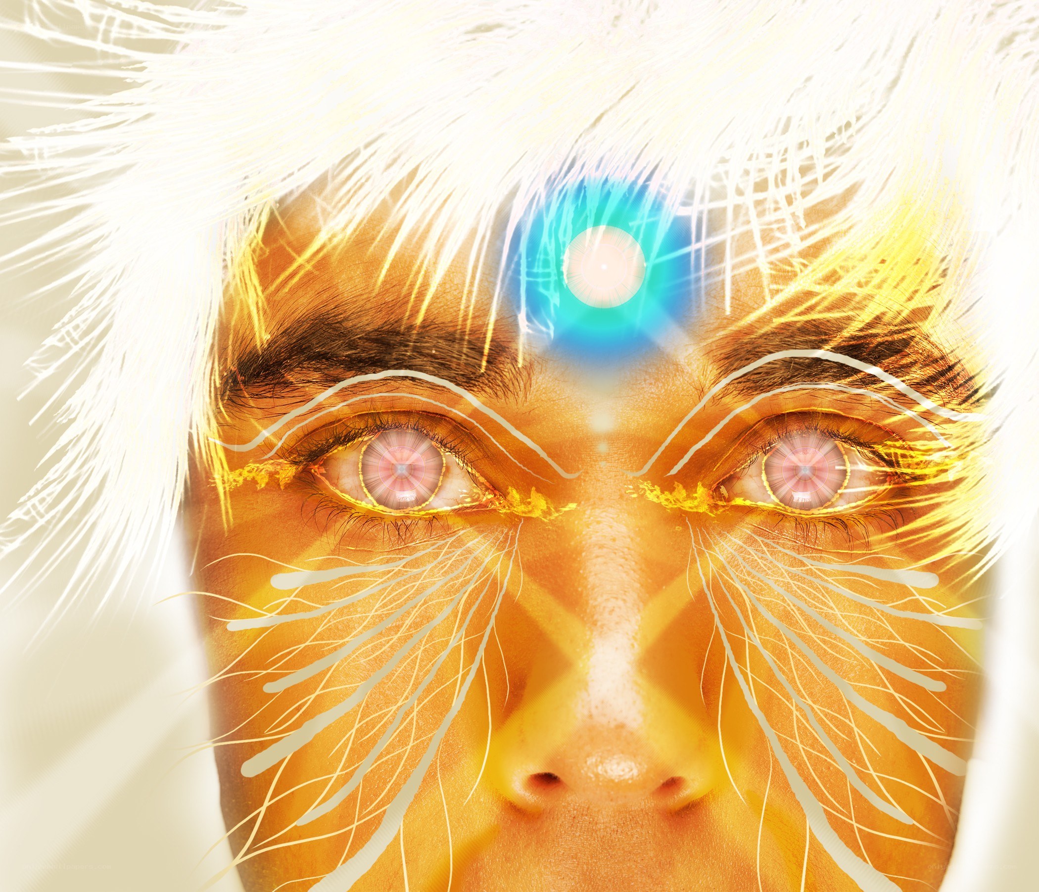 man with glowing eyes and third eye