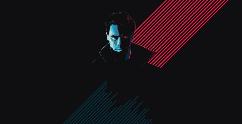 Man with Glowing Eyes — Black, Dramatic, Digital Art, Red Lines