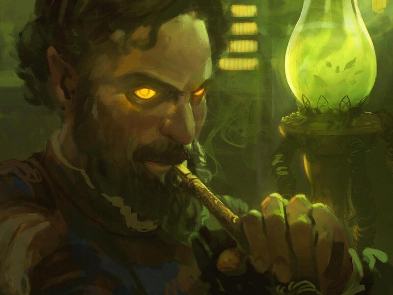 man with glowing eyes smoking pipe