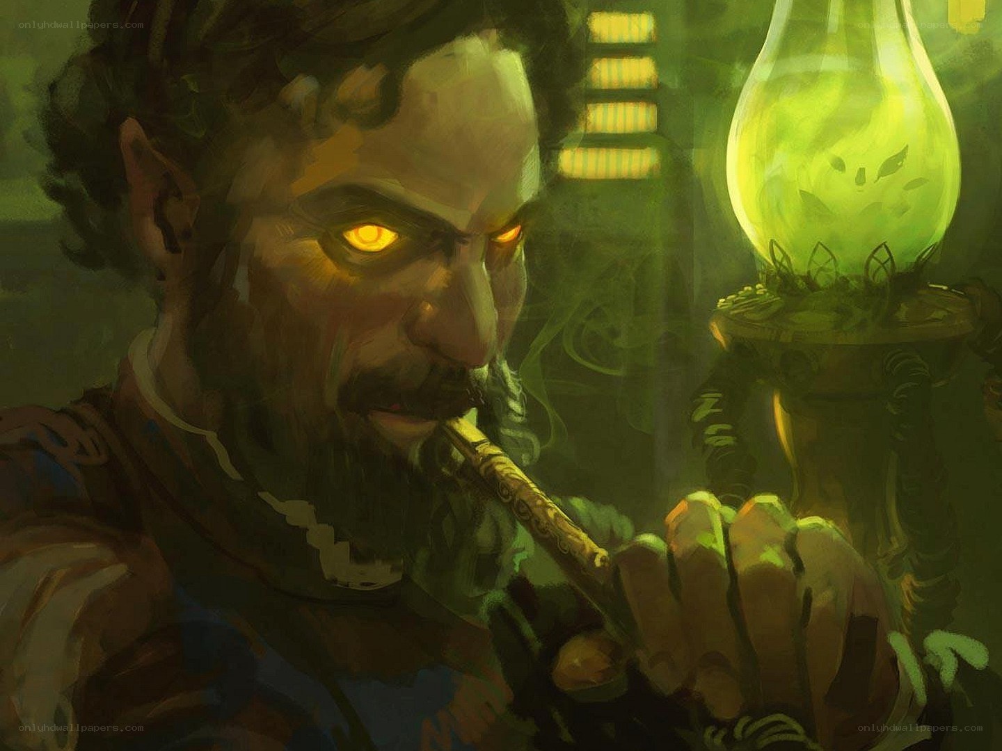 man with glowing eyes smoking pipe