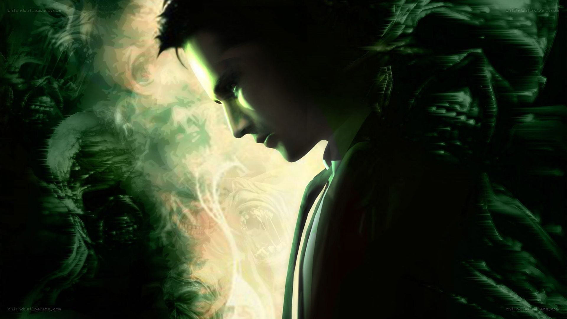 man with glowing green light