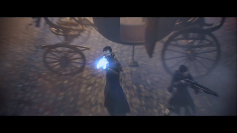 Man with glowing gun in fog