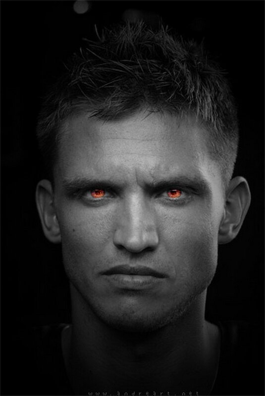 man with glowing red eyes