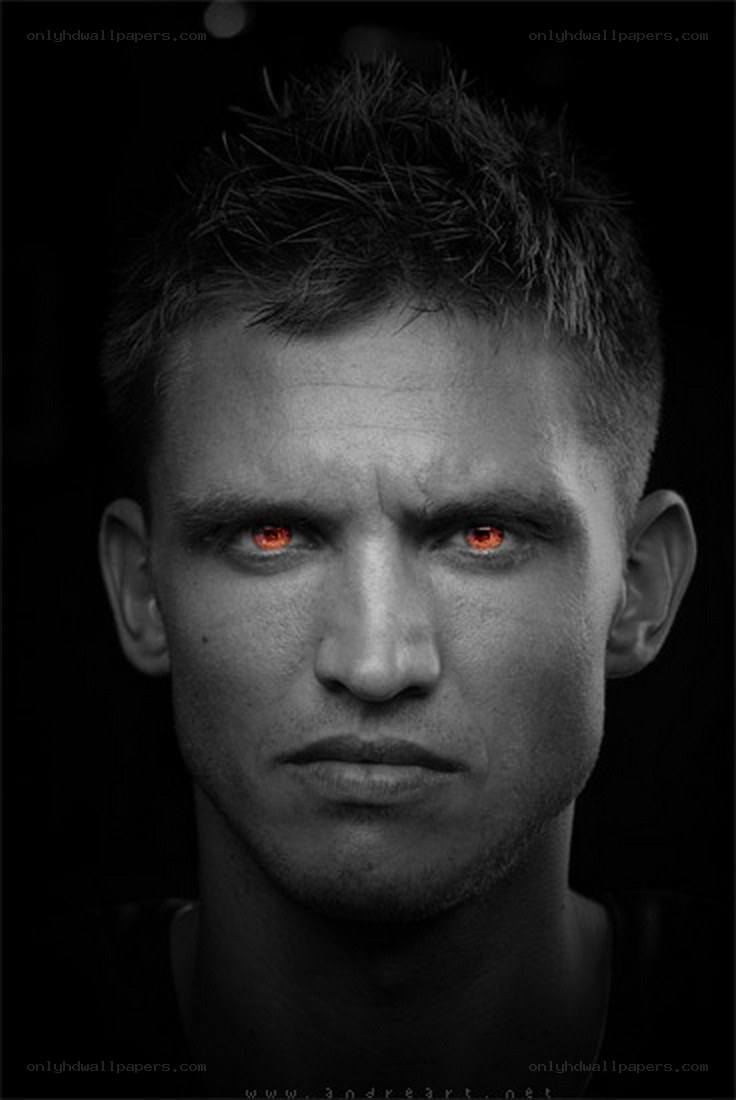 man with glowing red eyes