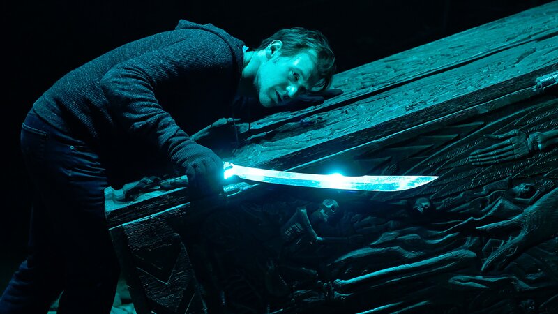 Man with Glowing Sword — Blue, Dramatic, Night, Photograph