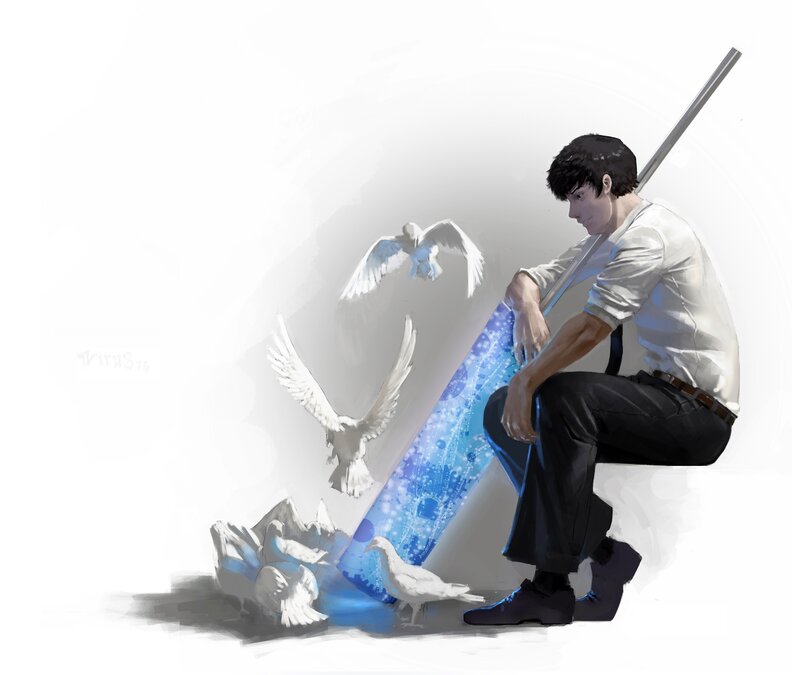 Man with Glowing Sword — Blue, Serene