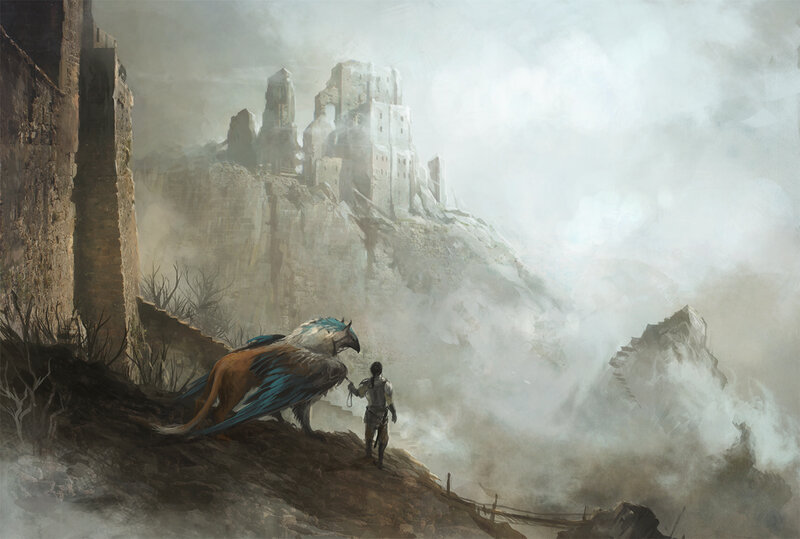 Man with Griffin on Cliff