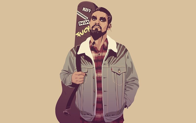 Man with Guitar Case — Beige, Confident, Digital Art