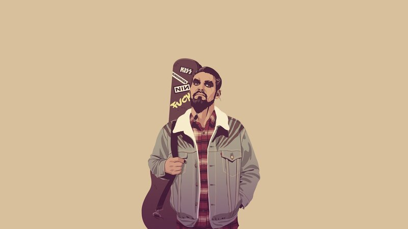 Man with Guitar Case — Beige, Neutral, Digital Art