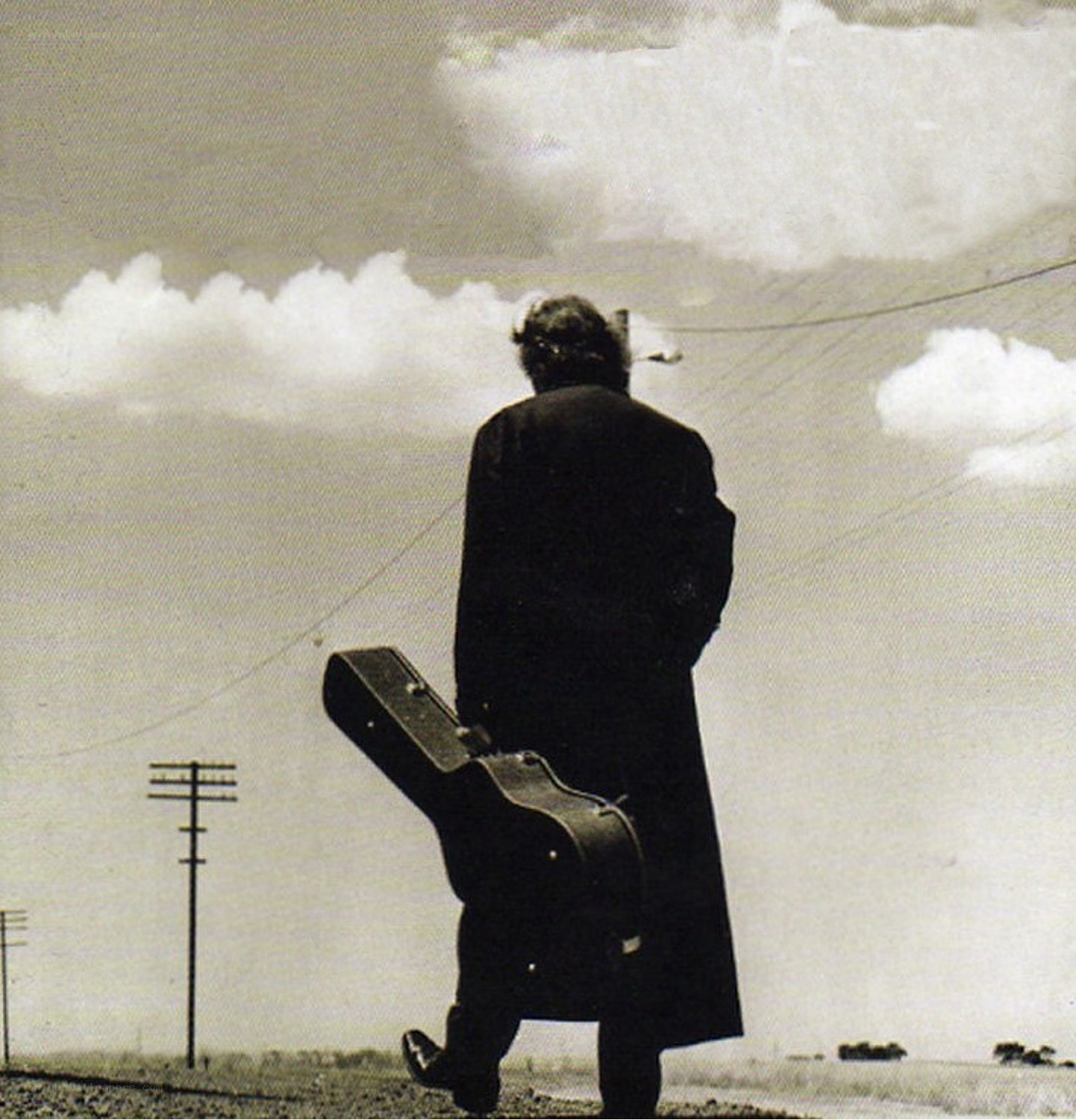 Man with guitar case on road