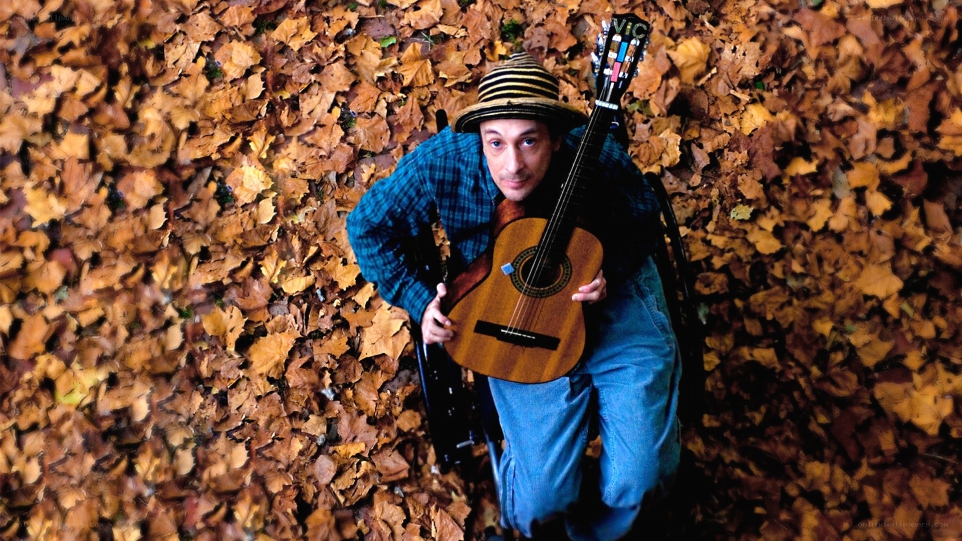 Man with guitar in autumn leaves