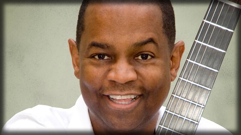 Man with Guitar — White, Smiling
