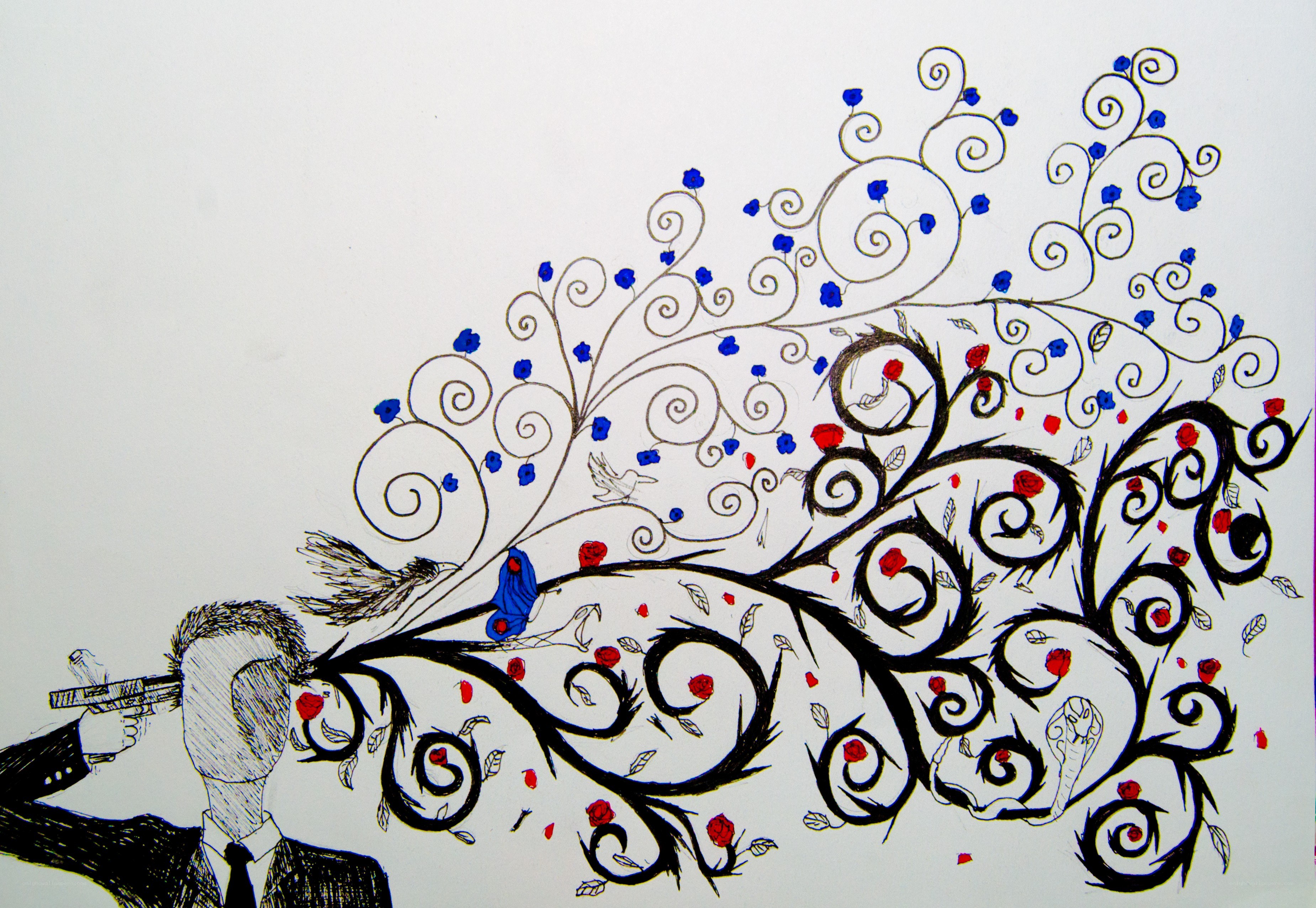 man with gun and floral explosion