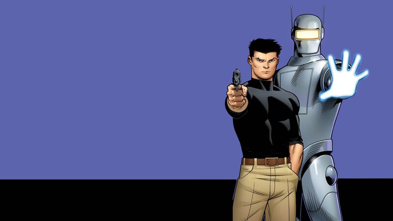 Man with gun and robot companion