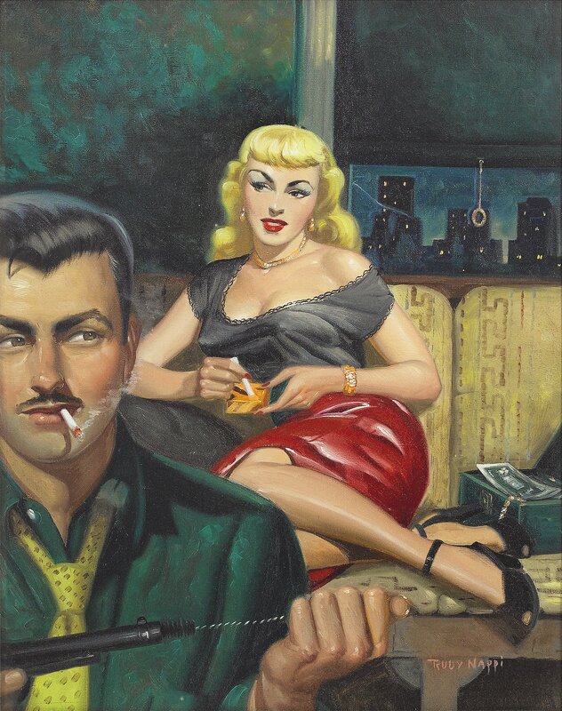 Man with gun and woman on couch