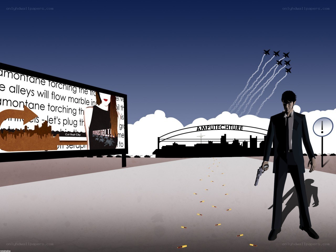 Man with gun in cityscape