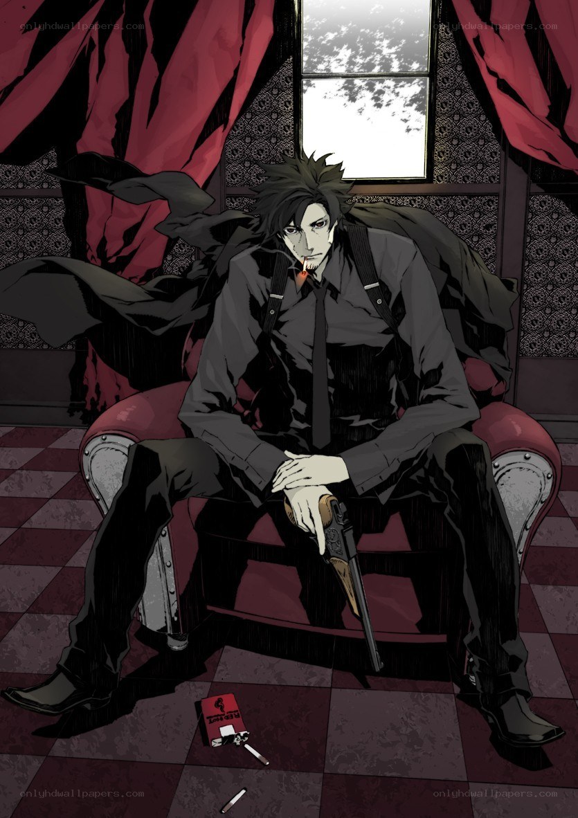 man with gun in red chair