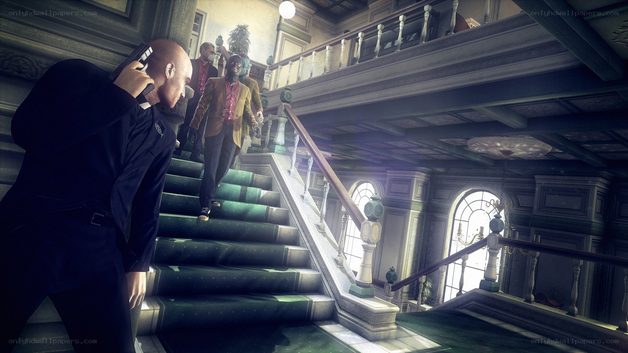 Man with gun on staircase